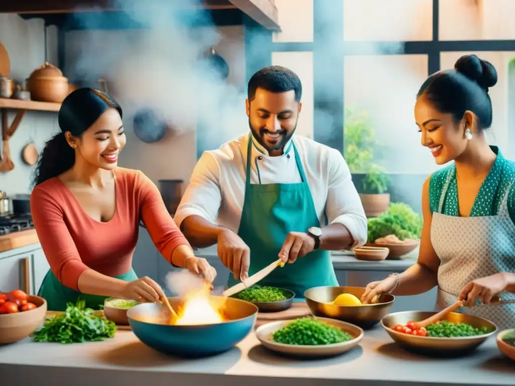 Un mundo de diversidad y cultura: gente de distintos orígenes cocinando, bailando y aprendiendo idiomas juntos