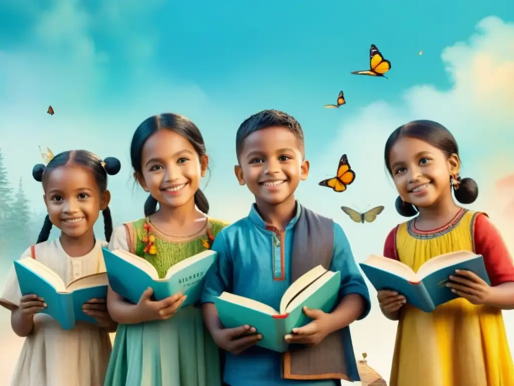 Un mundo de diversidad: niños de distintas culturas con libros en sus idiomas y mariposas coloridas