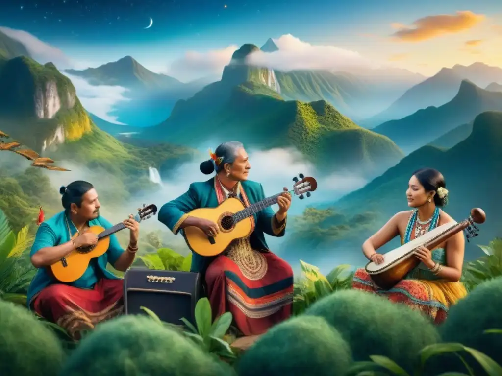 Ilustración acuarela: músicos indígenas tocan instrumentos tradicionales entre naturaleza exuberante y aves coloridas