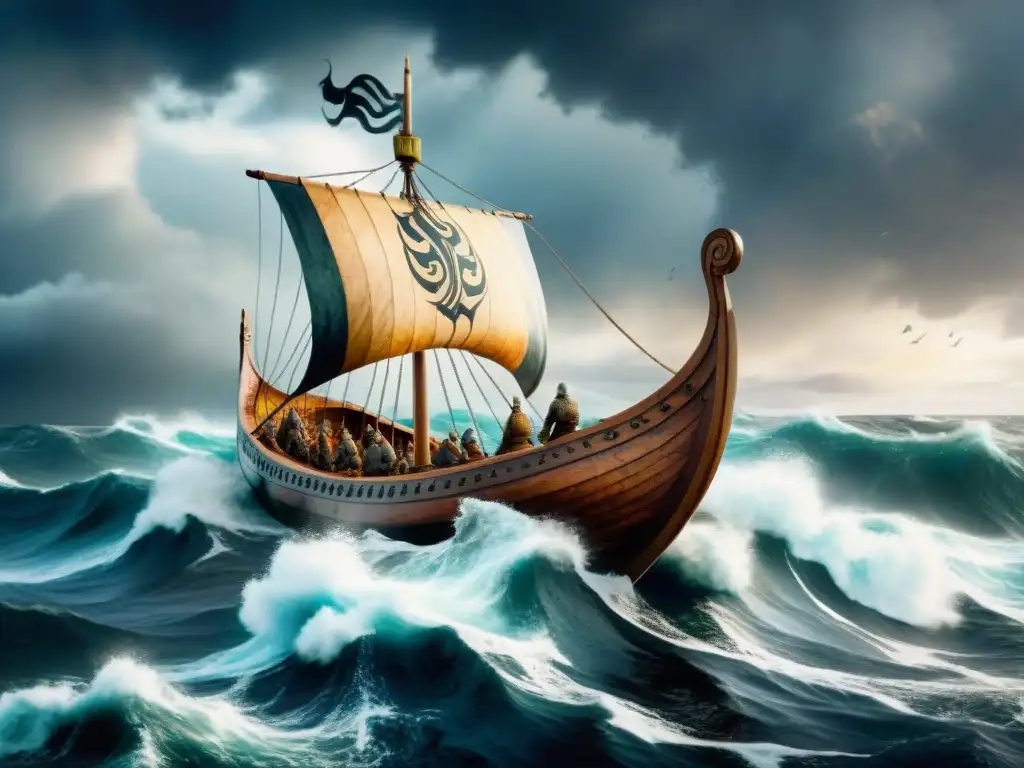 Intrépida nave vikinga surca tormentoso mar, evocando la esencia de las sagas nórdicas