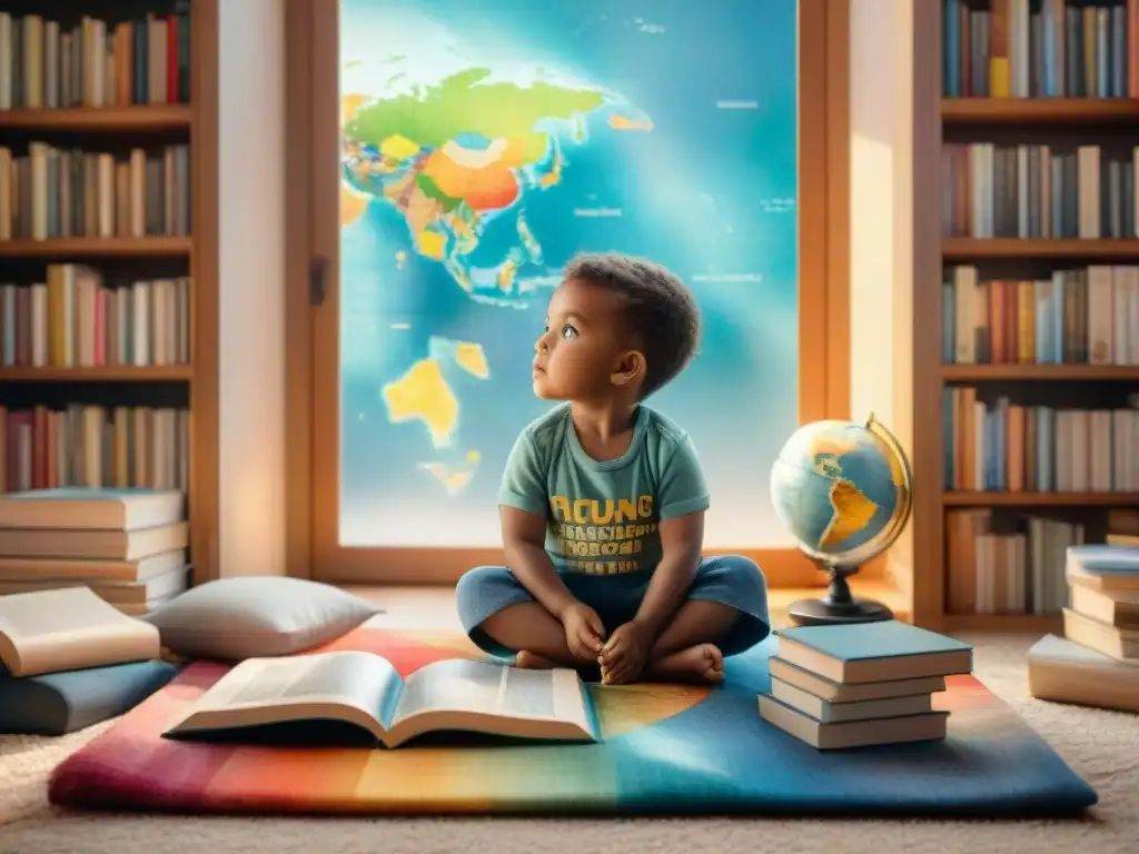 Niño explorador rodeado de libros en diferentes idiomas, señalando un mapa mundial