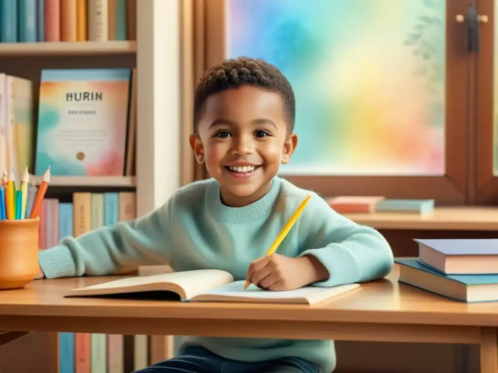 Un niño feliz muestra su certificado lingüístico en una acogedora habitación llena de libros y materiales de aprendizaje