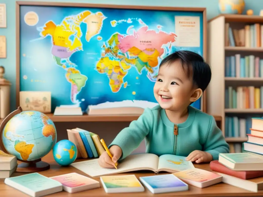 Un niño feliz aprendiendo idiomas rodeado de libros y juguetes educativos