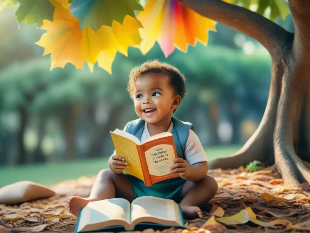 Un niño feliz rodeado de libros multicolores bajo un árbol, apuntando a un libro con expresión de asombro