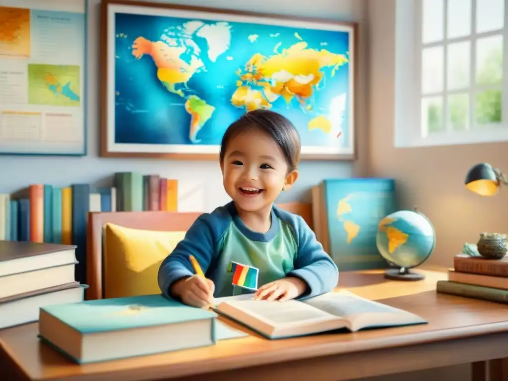 Un niño sonriente rodeado de libros y materiales de aprendizaje de idiomas, señalando un mapa del mundo con banderas de idiomas