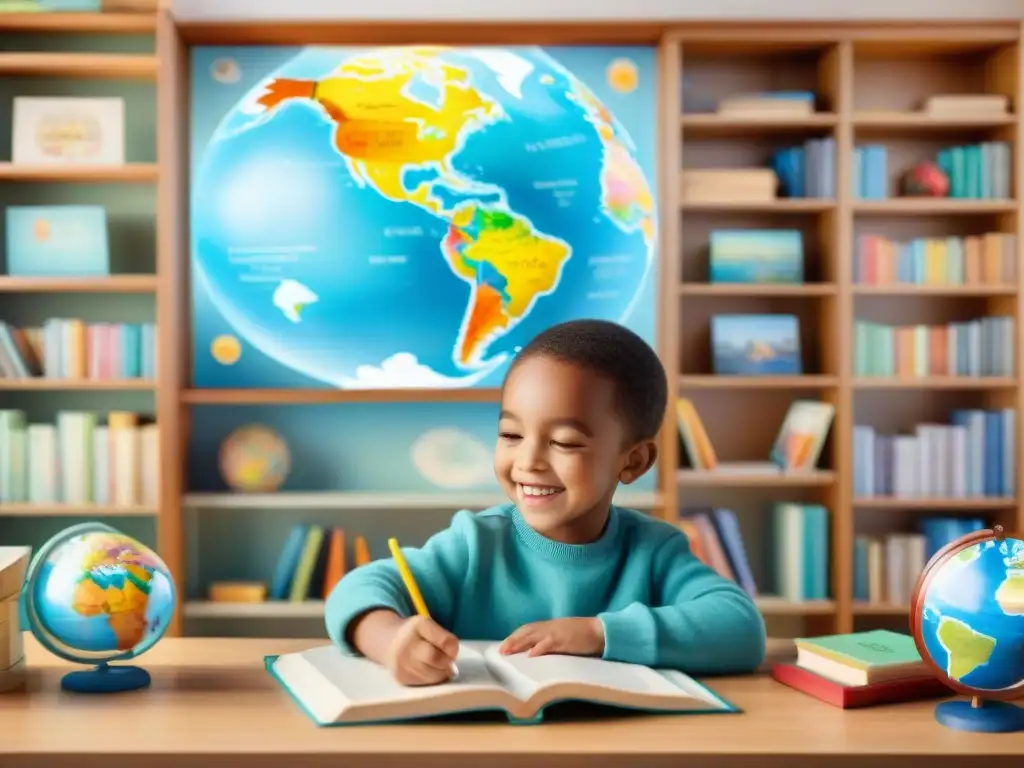 Un niño sonriente rodeado de libros, señalando un globo terráqueo y sosteniendo una lupa