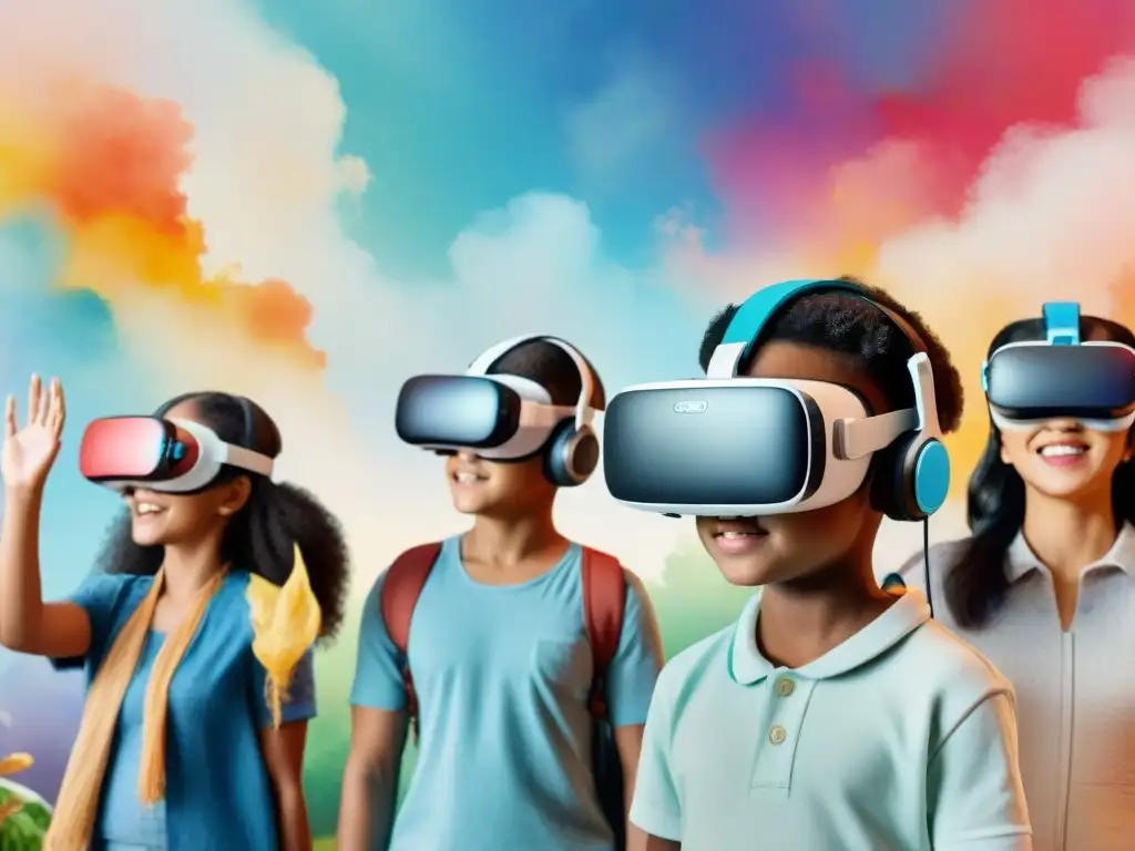 Niños de diversas culturas aprenden idiomas en realidad virtual: una escena educativa llena de color y alegría