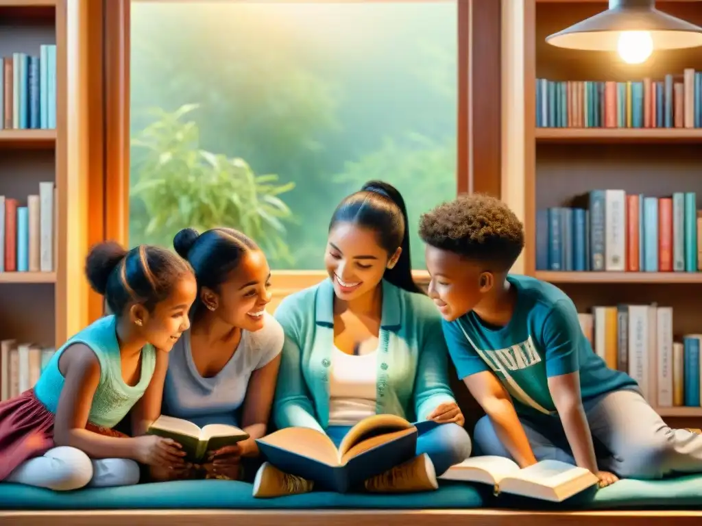 Niños de diversas etnias leyendo libros en varios idiomas en una biblioteca acogedora