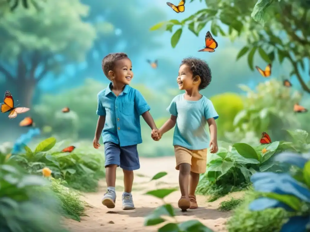 Dos niños juegan felices en un parque verde rodeados de mariposas y pájaros, simbolizando puentes lingüísticos en la infancia bilingüe