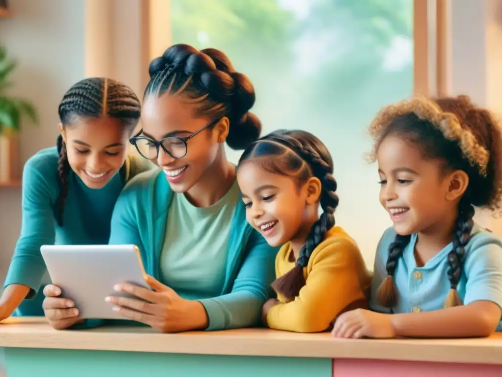 Niños aprenden idiomas en plataformas educativas online con alegría y diversidad