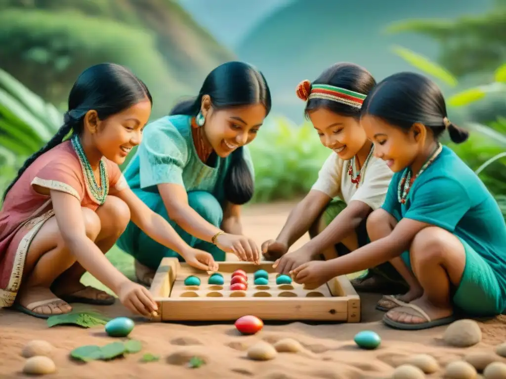 Niños indígenas juegan Mancala, Diabolo y Rayuela en un escenario exuberante, resaltando vocabulario único juegos tradicionales culturas