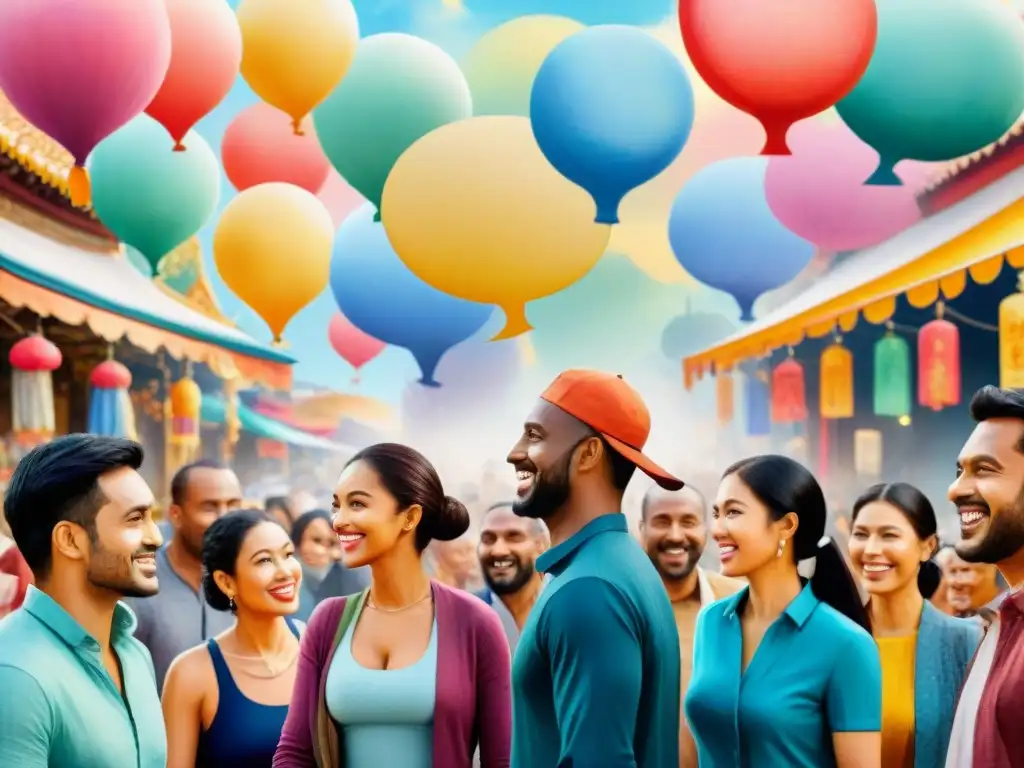 Una obra de acuarela detallada de conversaciones multiculturales en un bullicioso mercado, destacando la diversidad lingüística