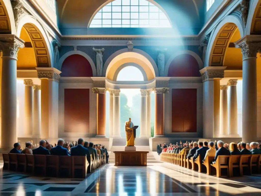 Un orador romano en un majestuoso salón de mármol, con luz solar y sombras dramáticas