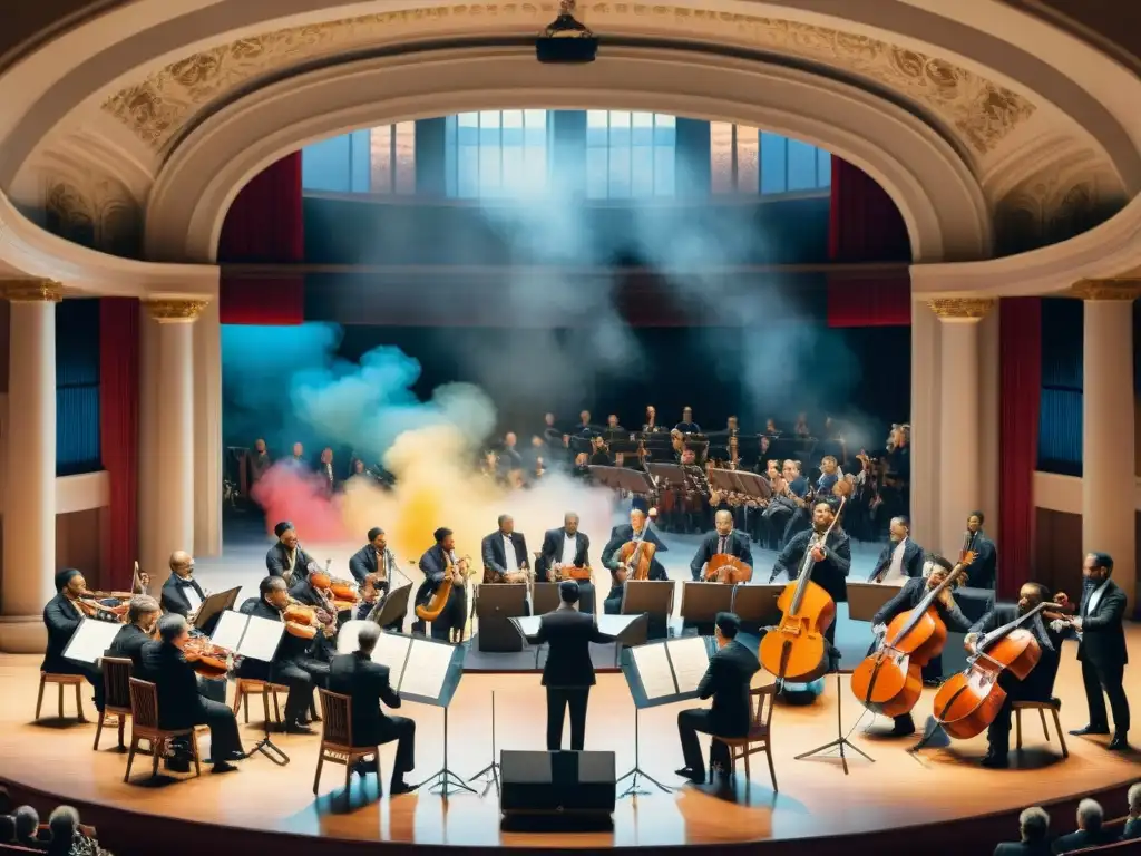 Una orquesta multicultural en un escenario histórico, fusionando tradiciones musicales del mundo