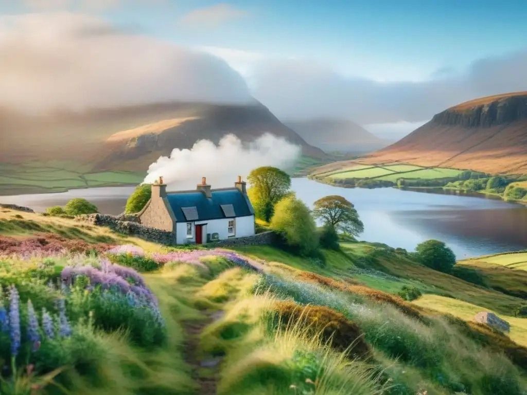 Paisaje acuarela detallado de las Tierras Altas de Escocia, explorando la riqueza del gaélico