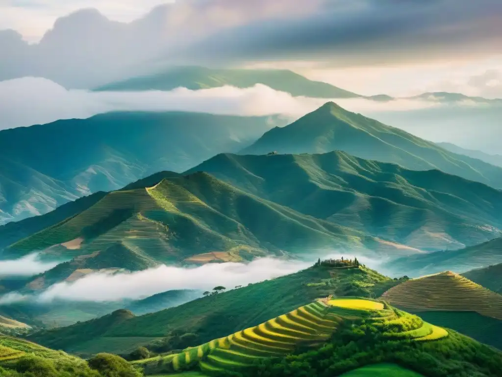 Paisaje acuarela de montañas verdes de Oaxaca, México, con nubes y colores vibrantes, reflejando la conexión del idioma Mixteco con la naturaleza