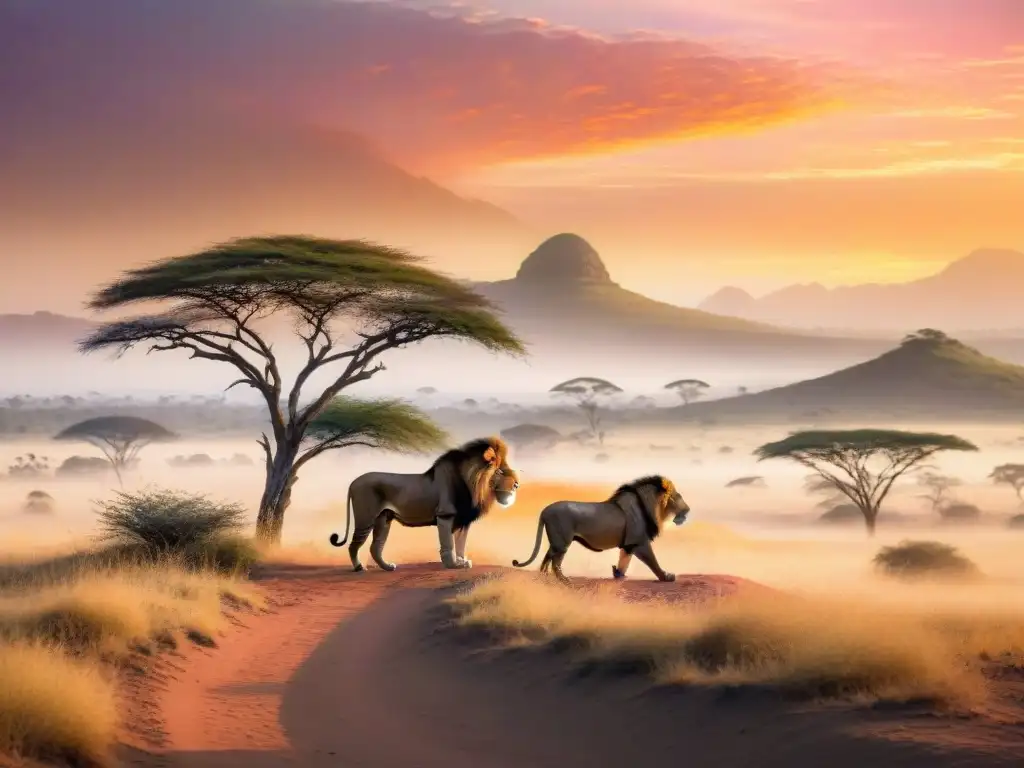 Un paisaje africano al atardecer con leones representando el amor y la unidad en la naturaleza