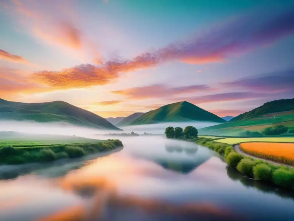 Paisaje campestre al atardecer: colinas verdes, río tranquilo y cielo anaranjado