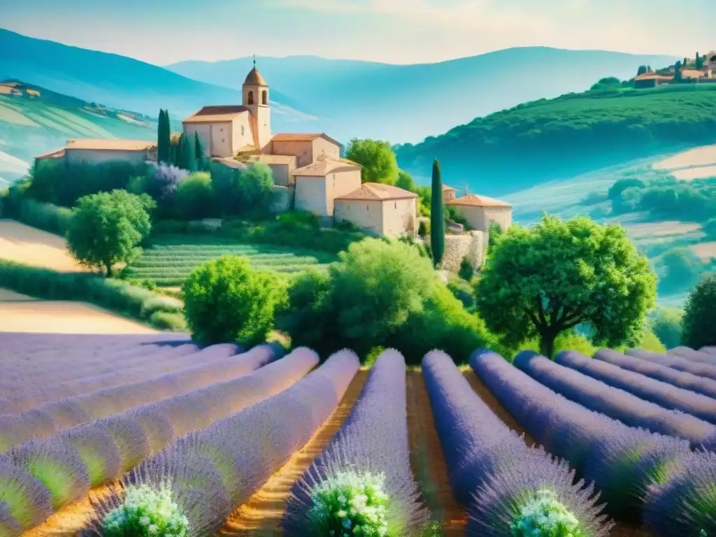 Paisaje campestre en Occitania con campos de lavanda y pueblo tradicional