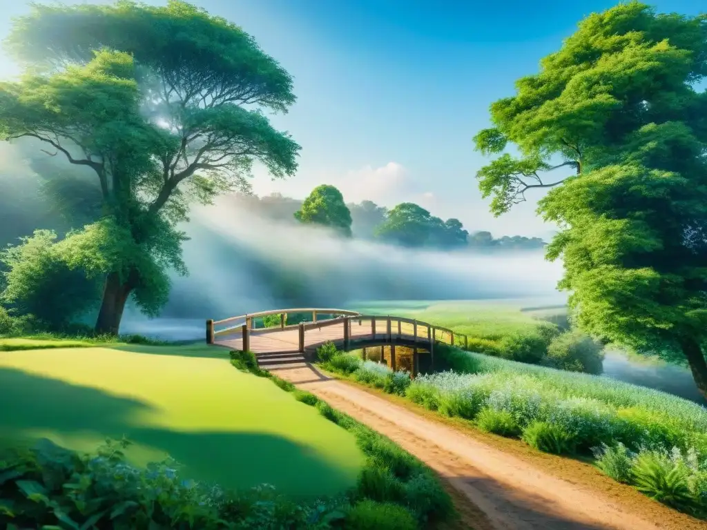 Paisaje campestre sereno con río, puente de madera y árboles altos