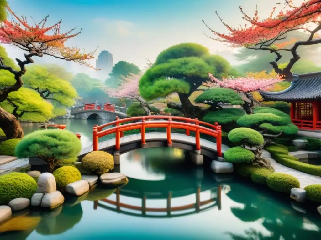 Un paisaje de jardín chino con cerezos en flor, peces koi y un puente arqueado, inspirando a sumergirse en la cultura