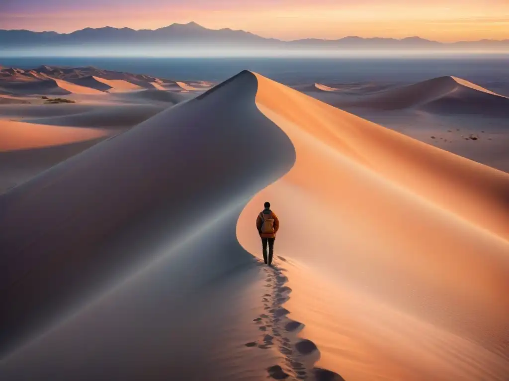 Un paisaje desértico al atardecer con tonos anaranjados, rosados y morados, donde una figura solitaria contempla el horizonte