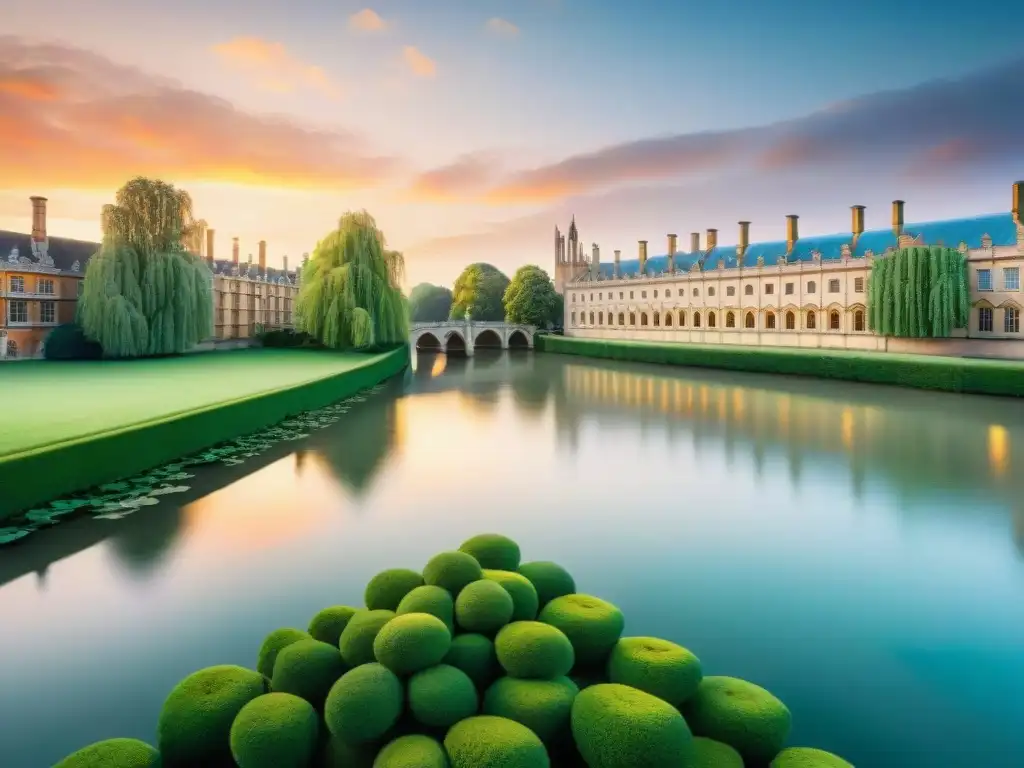 Paisaje de Cambridge con edificios históricos y barcas bajo un atardecer pastel