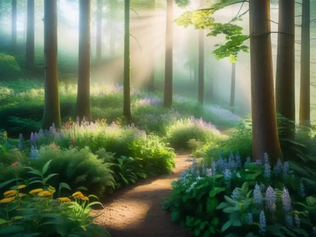 Paisaje de ensueño en acuarela: bosque exuberante, flores vibrantes, arroyo tranquilo