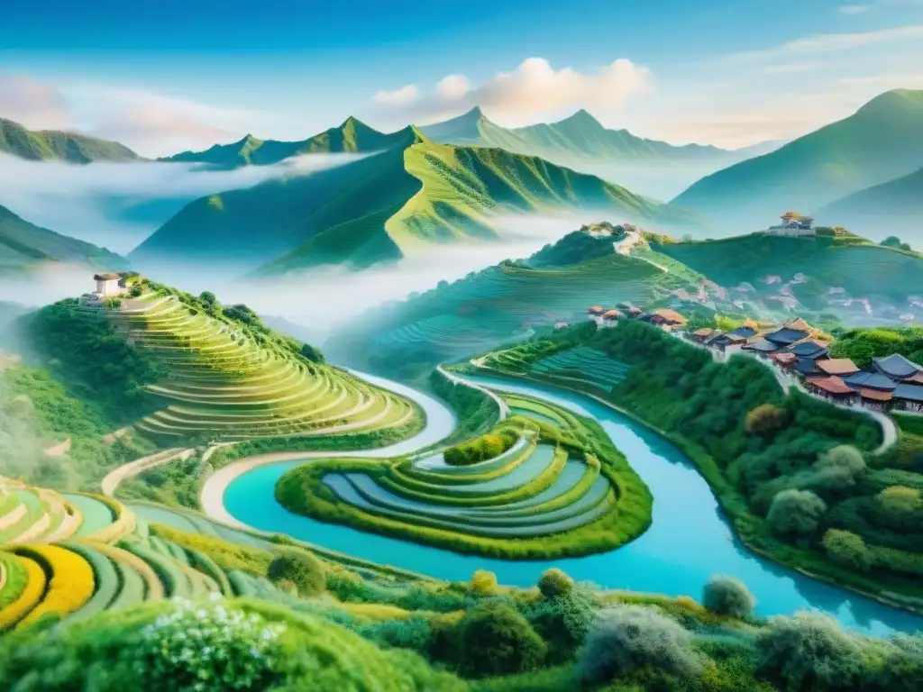 Mapa lingüístico: paisaje verde con señales multiculturales Un paisaje exuberante con marcadores lingüísticos coloridos, transmitiendo la importancia de la toponimia y la conservación lingüística