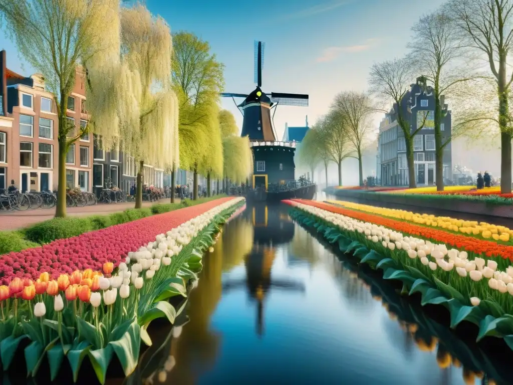 Paisaje holandés con canal, tulipanes, molino y bicicletas en Ámsterdam