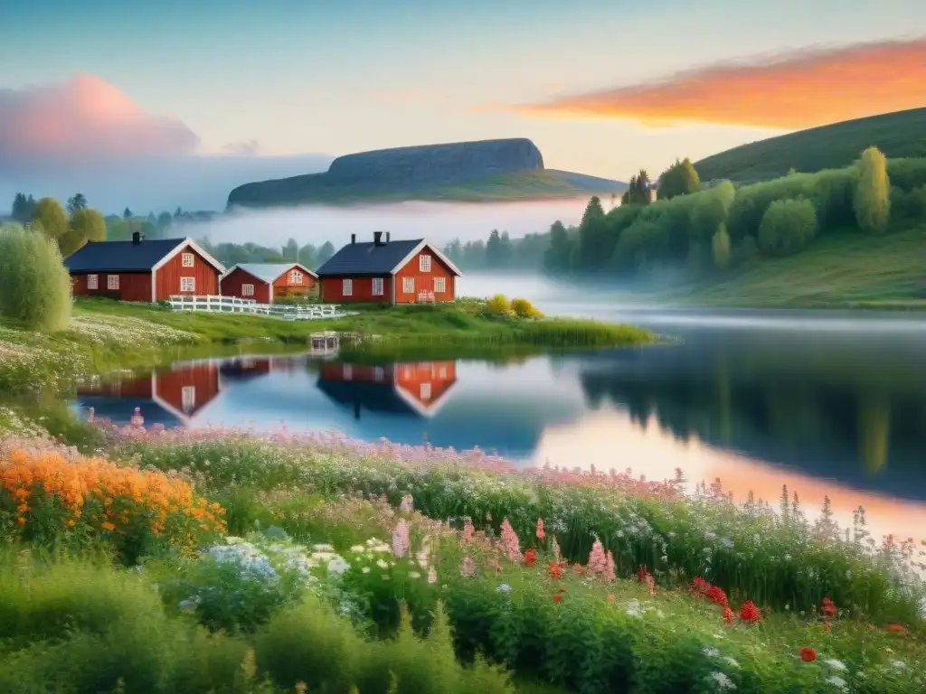 Paisaje idílico de campo sueco al atardecer con casas rojas tradicionales y lago sereno