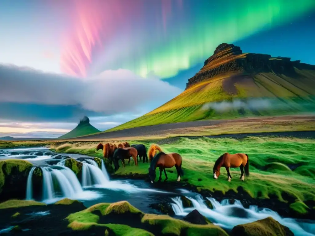 Paisaje islandés con caballos, musgo verde y auroras boreales, riqueza lingüística islandesa tradición