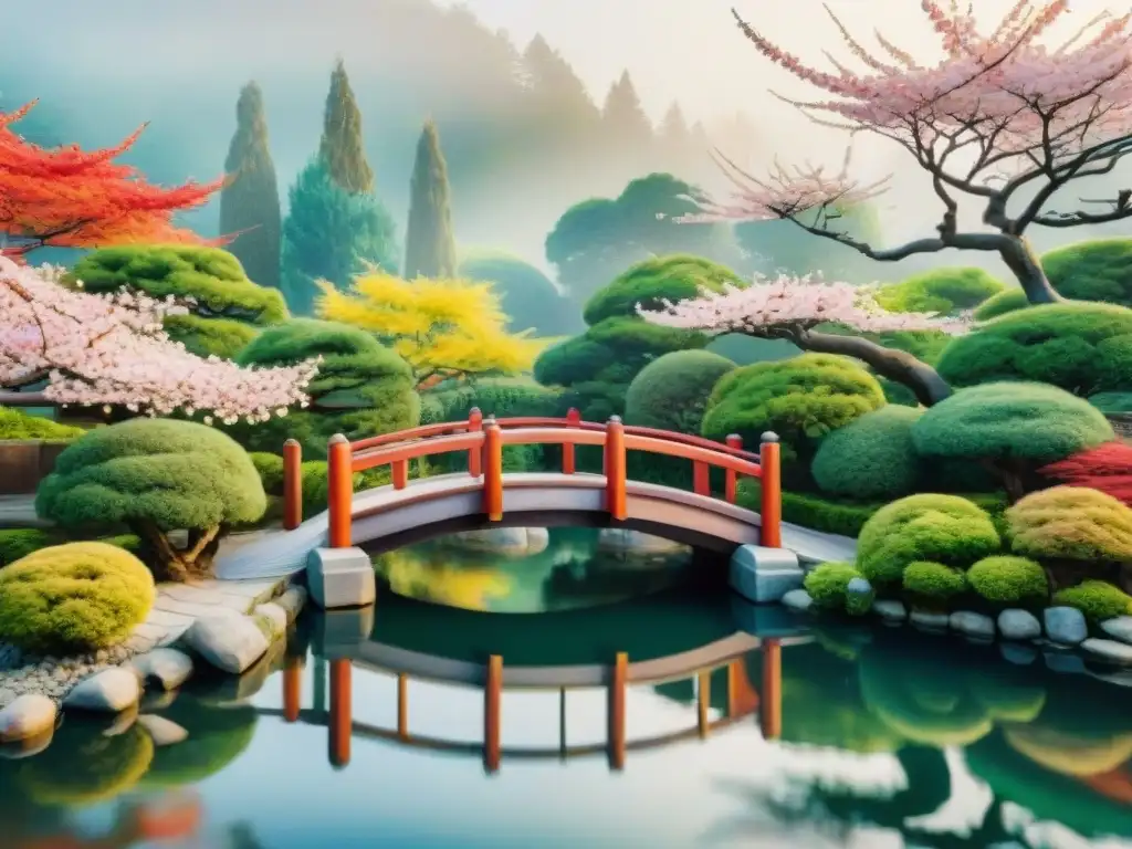 Paisaje japonés con cerezos en flor, puente rojo y pagoda