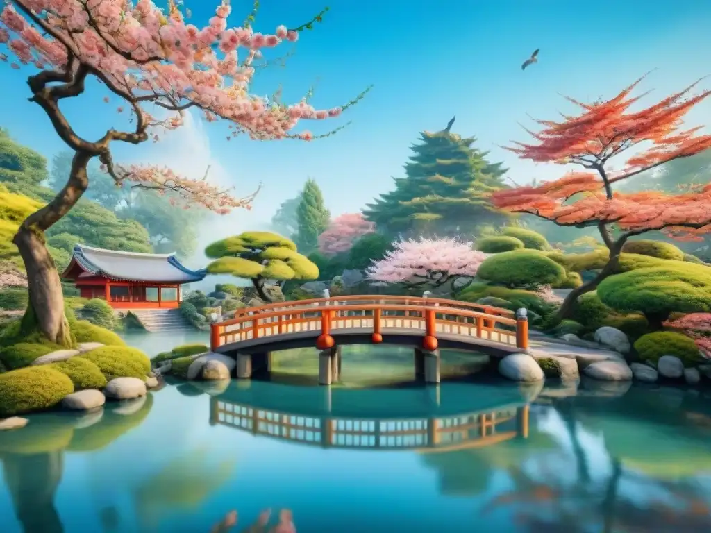 Paisaje japonés con cerezos en flor, puente de madera y peces koi en estanque sereno bajo cielo azul - Proceso cognitivo en japonés y coreano