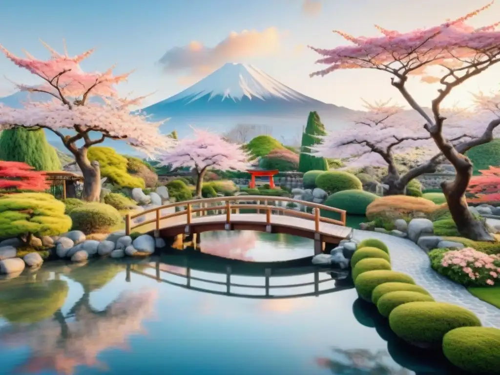 Paisaje japonés con cerezos en flor junto a un estanque de peces koi y el Monte Fuji al fondo