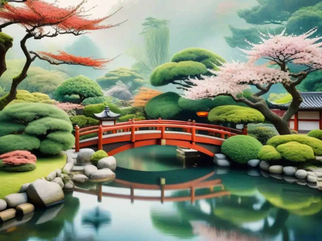 Paisaje japonés sereno con cerezos en flor, estanque de koi, puente rojo y pagoda