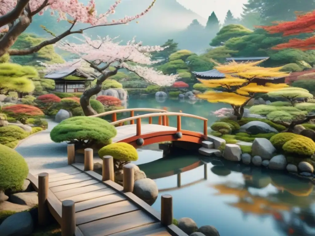 Un paisaje japonés tranquilo con cerezos en flor, un estanque sereno y peces koi