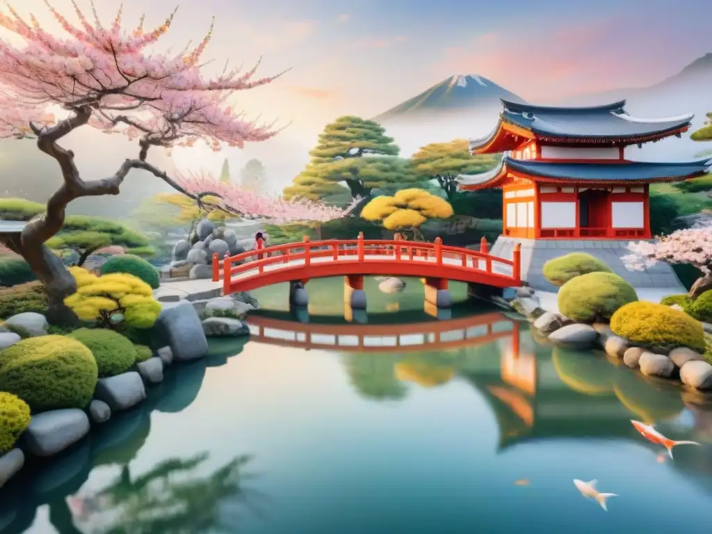 Paisaje japonés-coreano con jardín sereno, hanbok y caligrafía, koi bajo puente arqueado