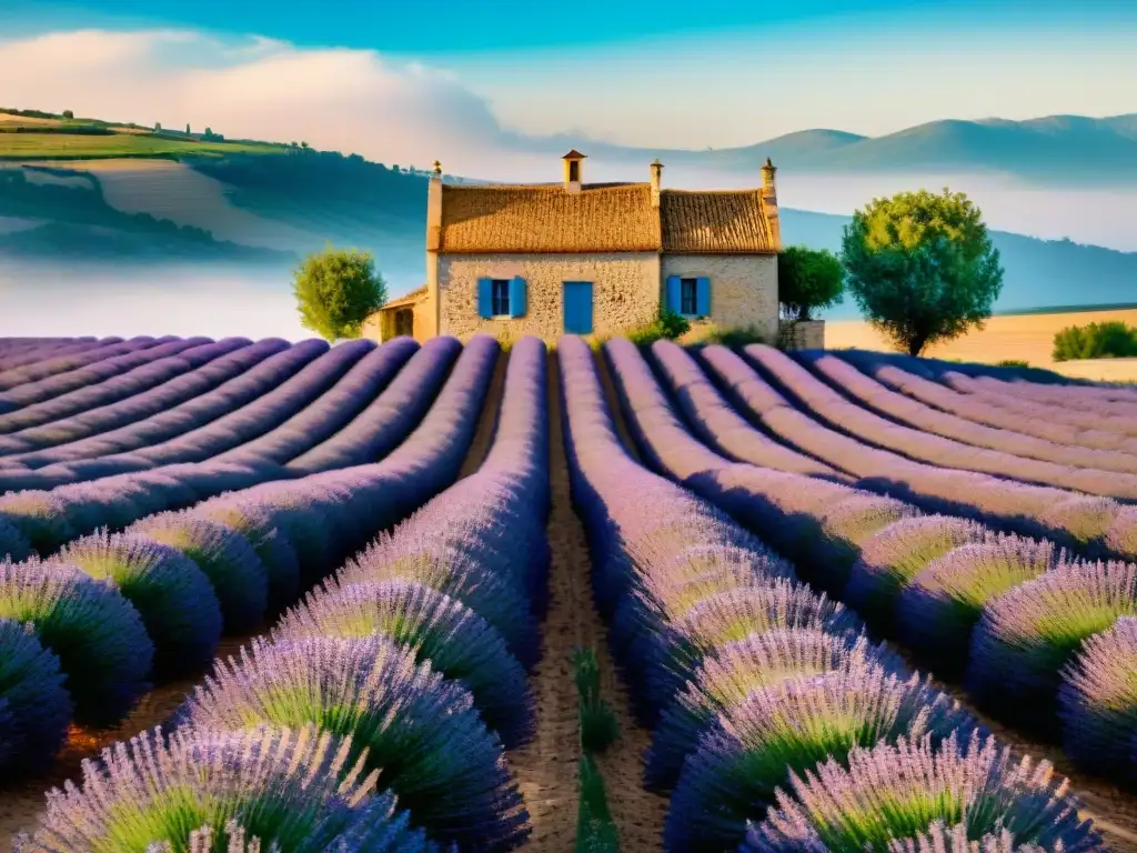 Un paisaje de lavanda en Provenza con una casa de campo y abejas, evocando el viaje lingüístico en Francia