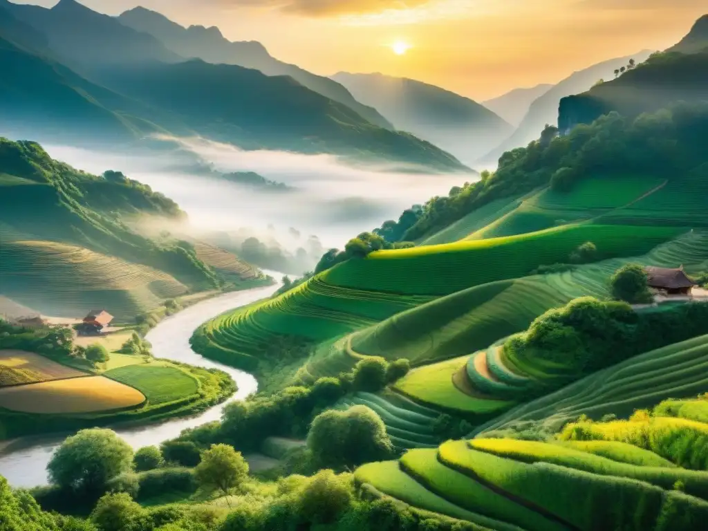 Paisaje montañoso verde con río, pueblos y músicos bajo árboles, al atardecer