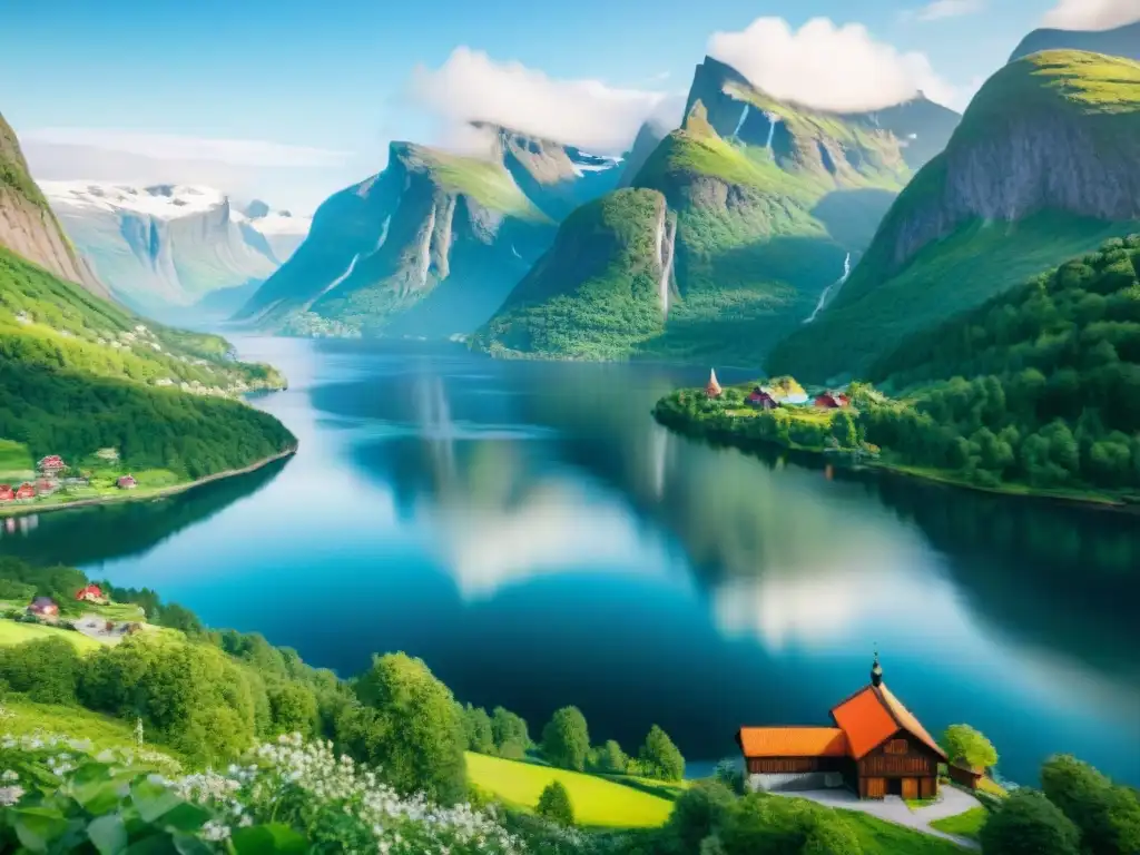 Un paisaje noruego sereno con montañas nevadas, un fiordo tranquilo y una iglesia de madera entre bosques verdes