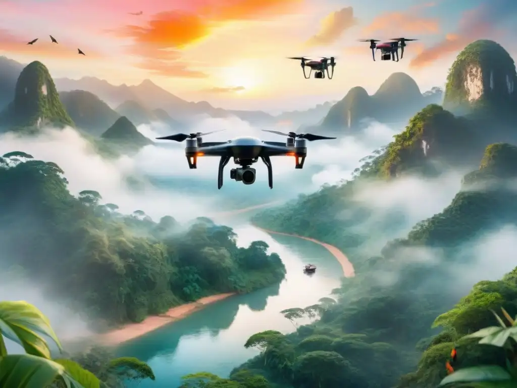 Paisaje remoto de la jungla al atardecer con drones y vida silvestre