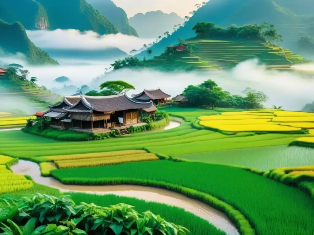 Paisaje rural vietnamita con arrozales, casas tradicionales y río sereno