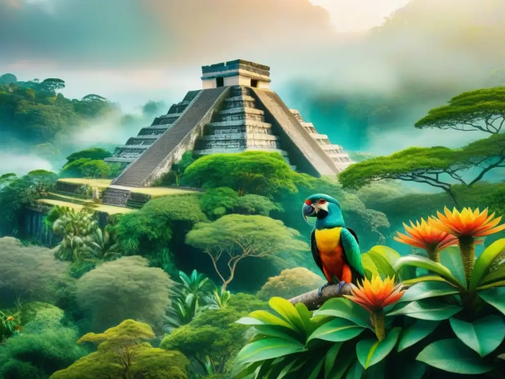 Paisaje selvático con flora y fauna vibrante, hieroglíficos mayas y el majestuoso quetzal