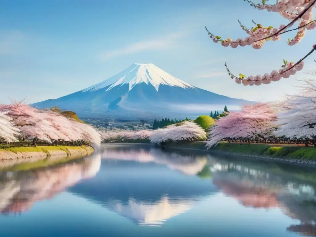 Paisaje sereno de cerezos en flor con el Monte Fuji: armonía natural Paisaje sereno de cerezos en flor y el majestuoso Monte Fuji, con neologismos en japonés y coreano