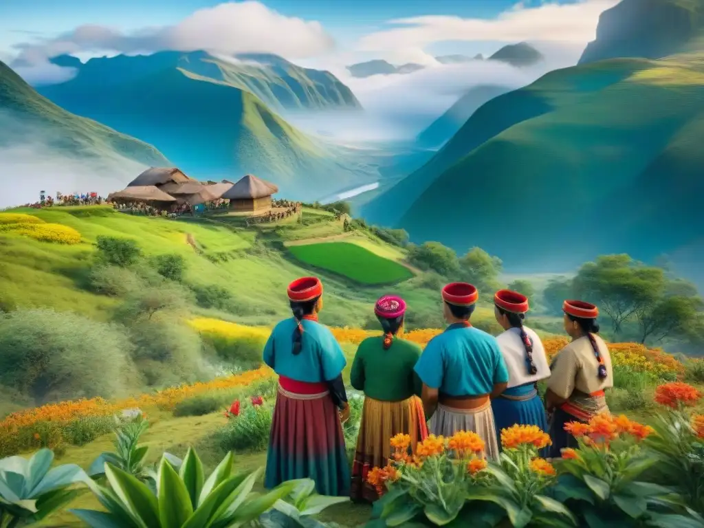 Vibrante celebración P'urhépecha: tradición y naturaleza Paisaje sereno de la región P'urhépecha con flores tradicionales, montañas y personas en ceremonia