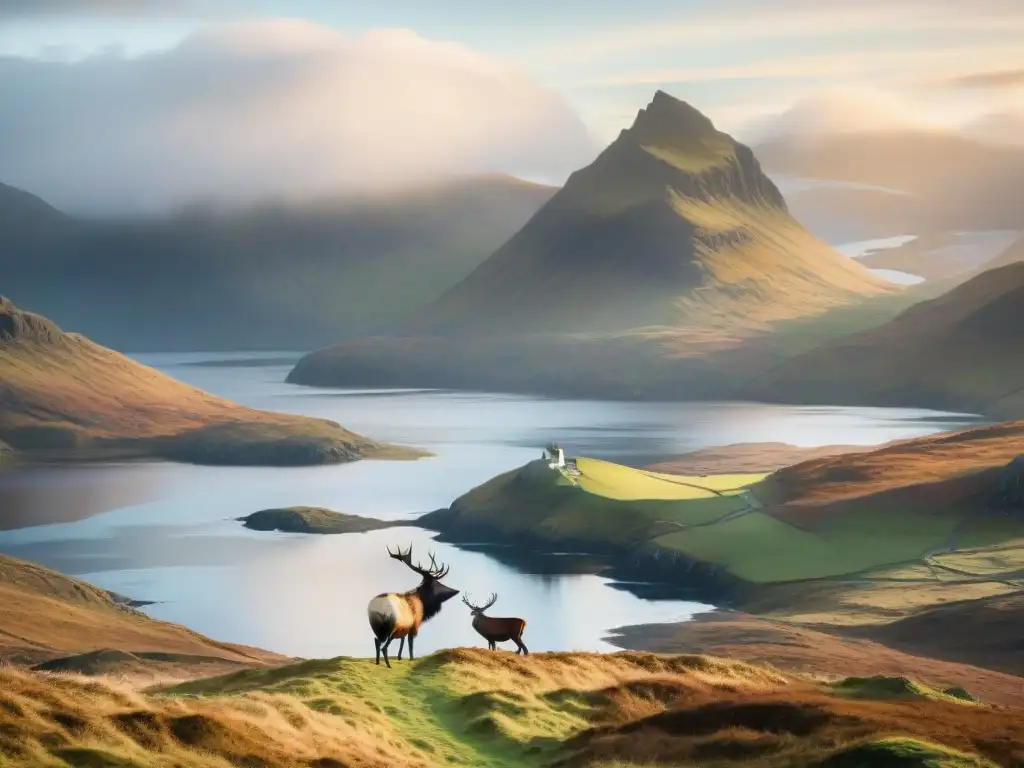 Un paisaje sereno de la Isla de Skye con colinas verdes, un lago tranquilo y un ciervo majestuoso al amanecer