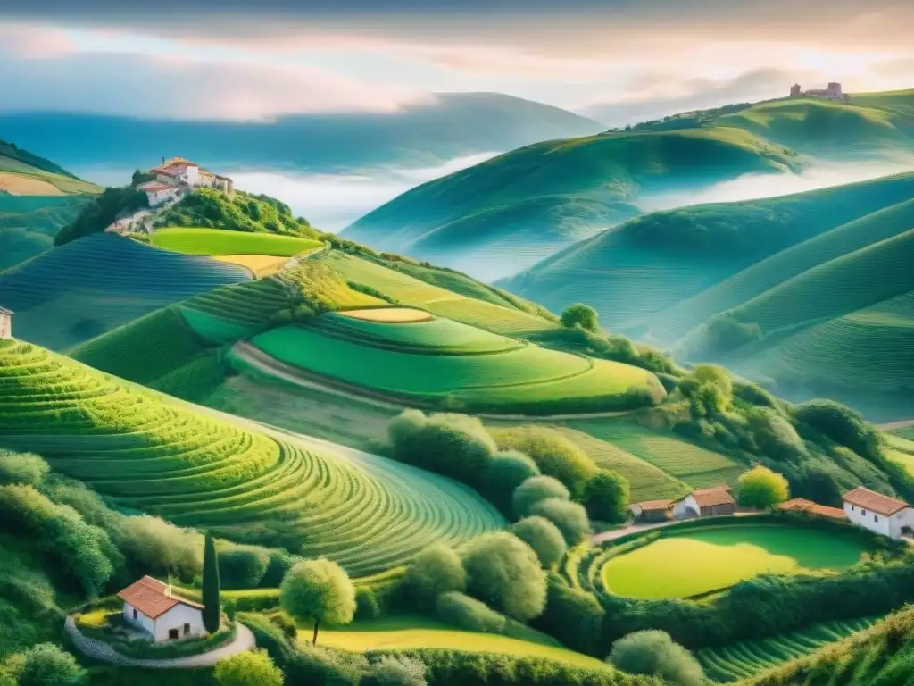 Pintura acuarela del paisaje sereno del País Vasco Paisaje sereno del País Vasco con casas tradicionales, río y cielo azul