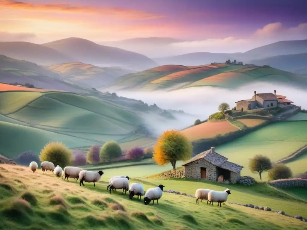 Paisaje campestre en acuarela: atardecer en el País Vasco Paisaje sereno del País Vasco al atardecer, con casas tradicionales y ovejas pastando bajo un cielo cálido