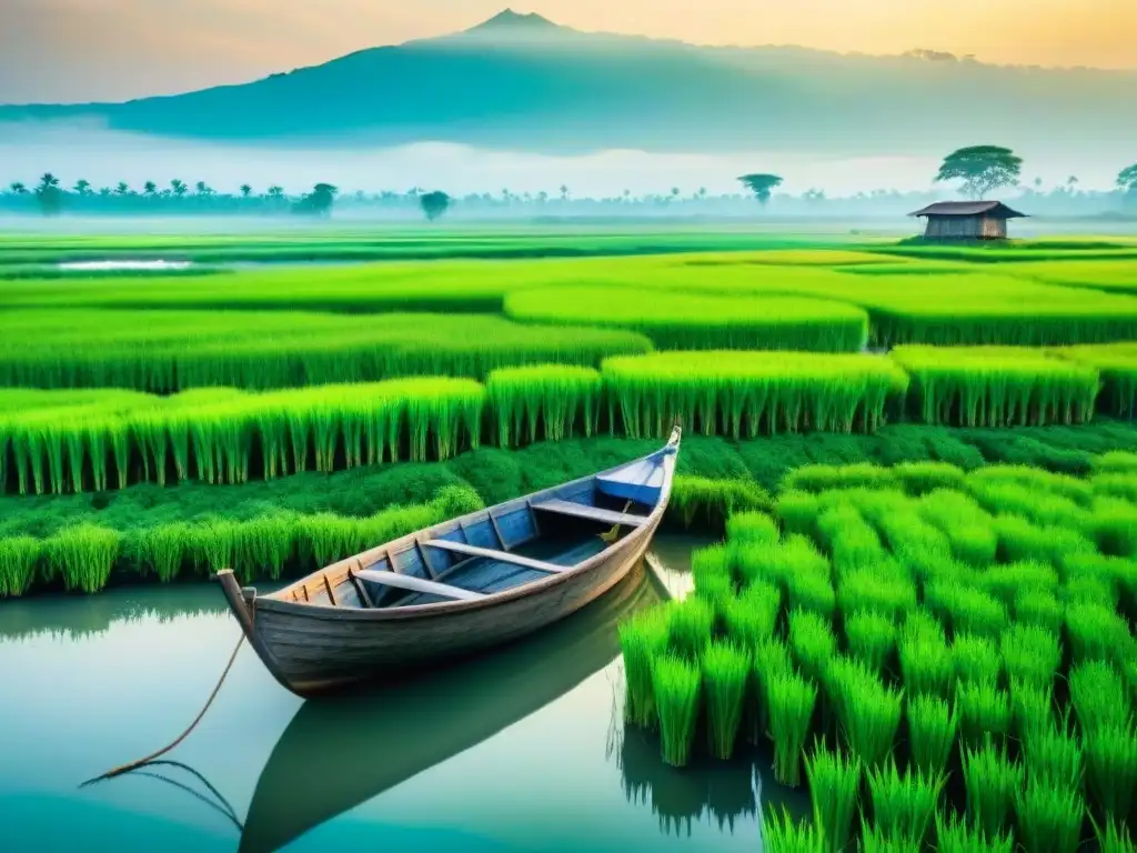 Paisaje sereno de Bangladesh: arrozales verdes y bote tradicional flotando en río tranquilo